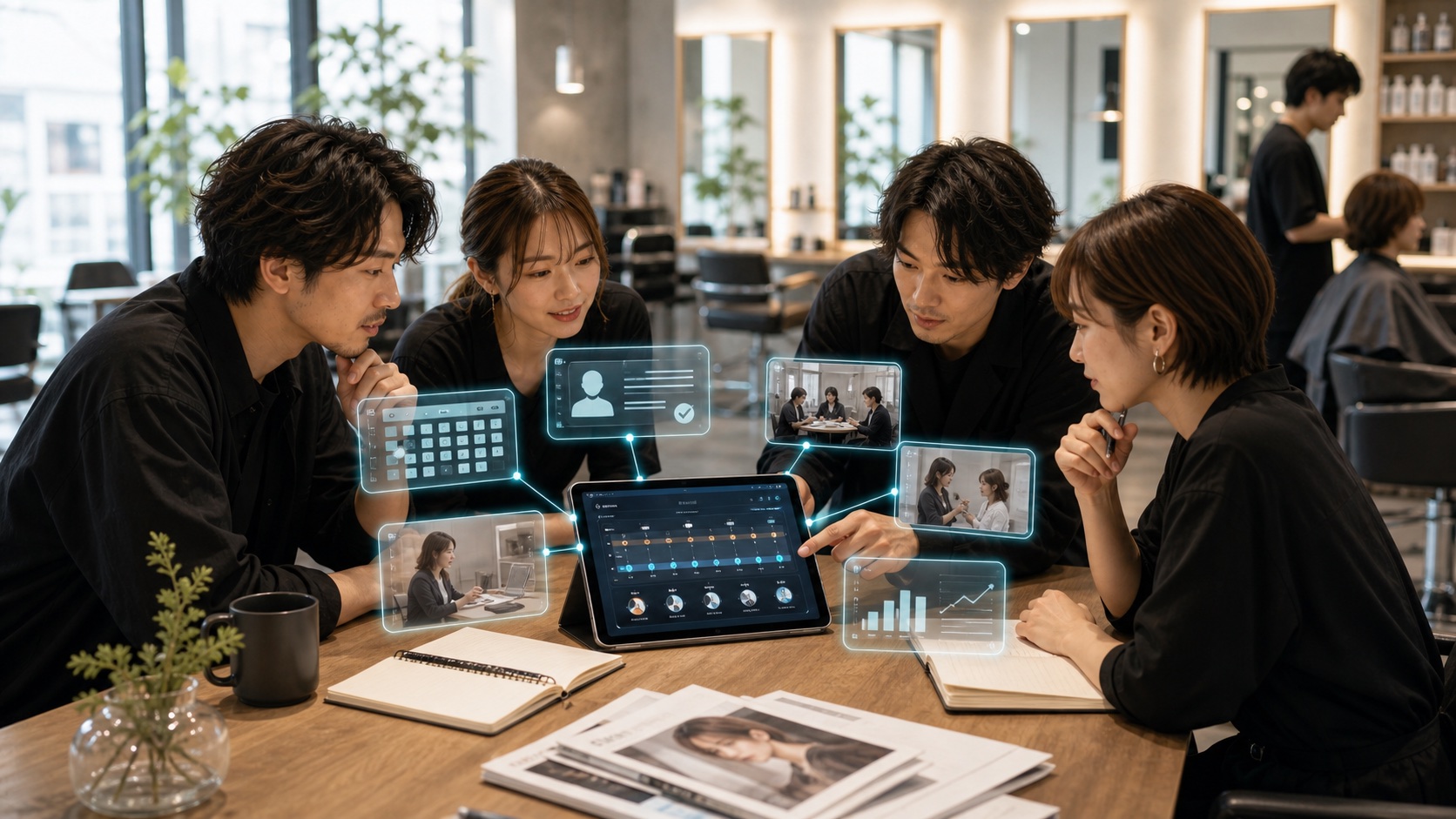 美容室のチームがAIエージェントを使い、90日間の運用テーマや施策を整理するイメージ