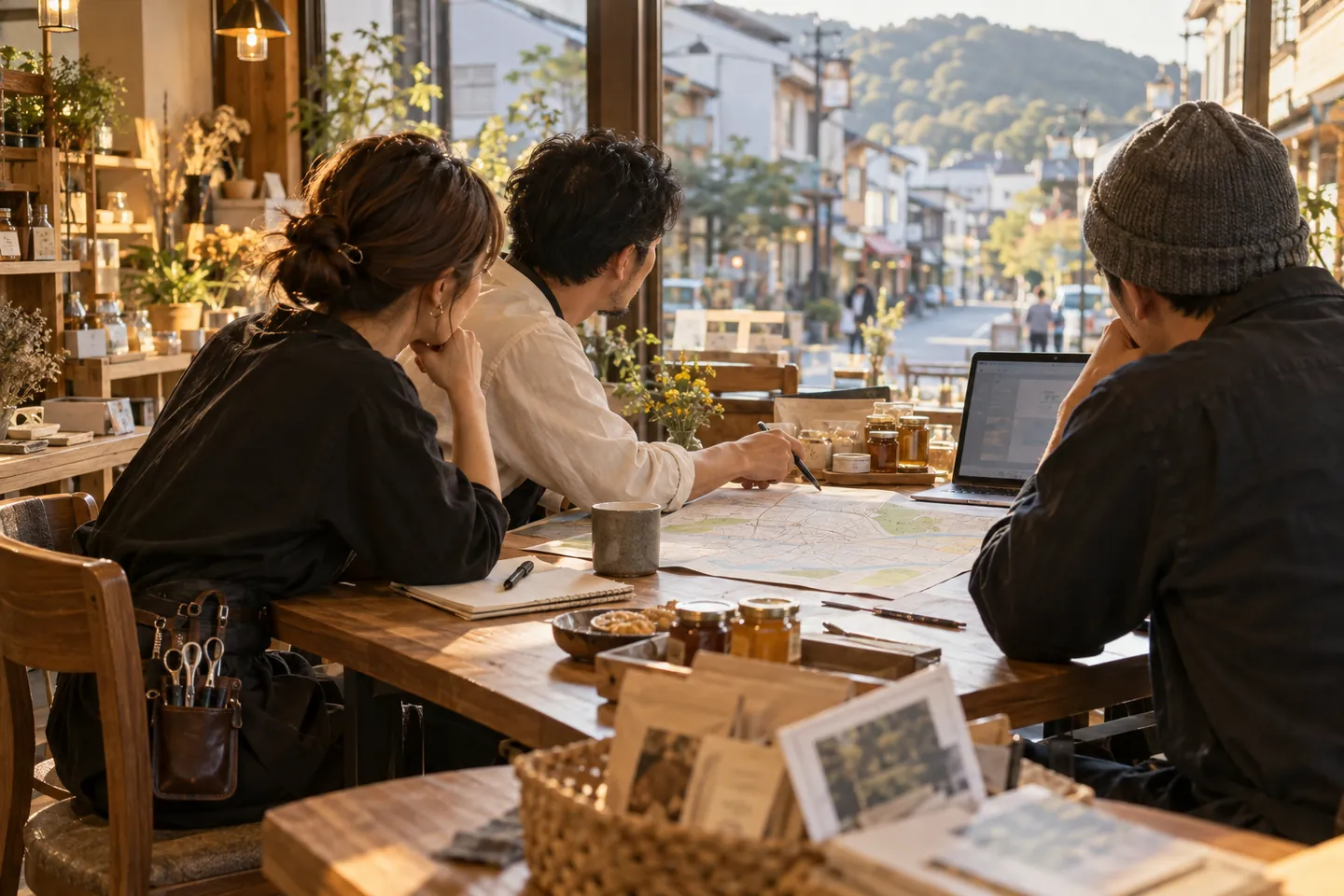 地域の事業者が地図を囲み、新しい取り組みを話し合う場面