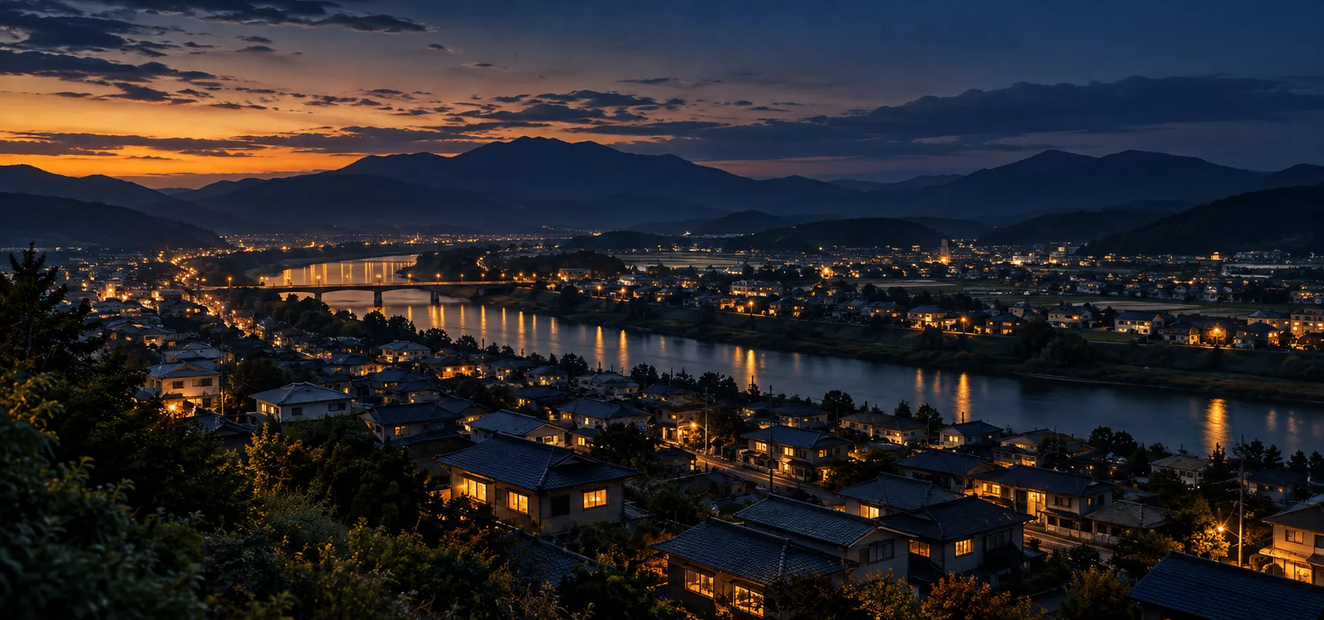 山と川に囲まれた地方の街に灯る夕暮れの明かり